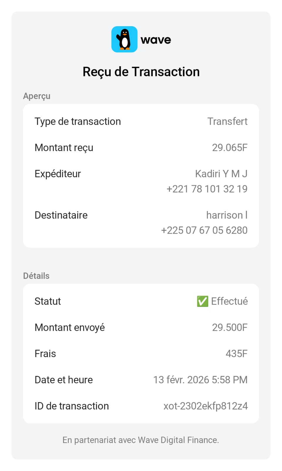 Client Sénégal – Reçu Wave
